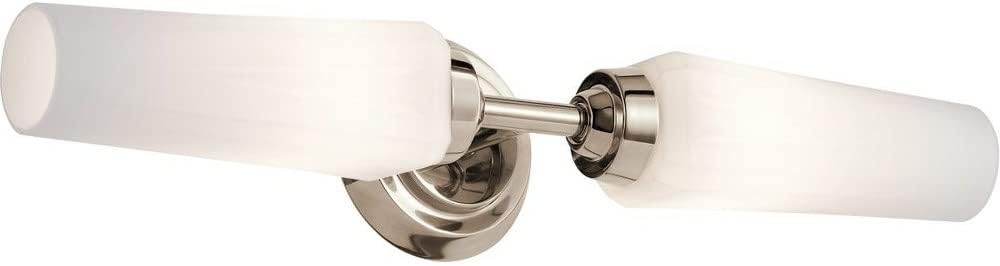 Kichler Truby 2-Light Bathroom Vanity Light Fixture with Satin Etched Cased Opal Glass in Polished Nickel, Modern Wall Mount Light for Mirror (19.75 x 4.5 x 4.5), 45887NI