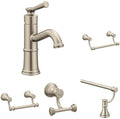 Moen Belfield Brushed Nickel Bathroom Set - One-Handle Sink Faucet with 9-Inch Hand Towel Bar, 24-Inch Towel Bar, Double Robe Hook, and Toilet Paper Holder