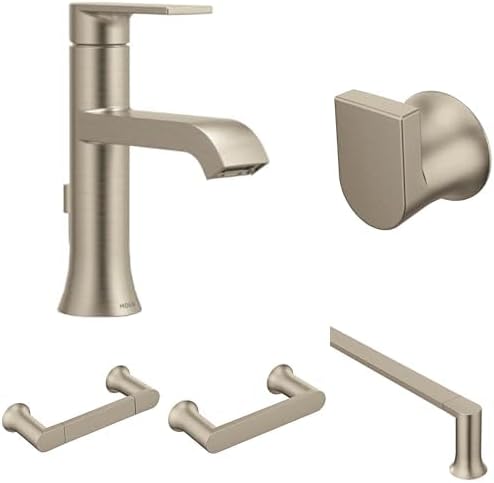 Moen Genta LX Brushed Nickel Bathroom Set - Single-Handle Faucet with 24-Inch Towel Bar, 6.8-Inch Hand Towel Bar, Robe Hook, and Pivoting Toilet Paper Holder