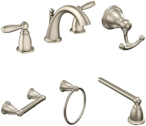 Moen Brantford Brushed Nickel Bathroom Set: 3-Hole Widespread Faucet with 24-Inch Towel Bar, Double Robe Hook, Hand Towel Ring & Toilet Paper Holder