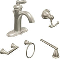 Moen Brantford Brushed Nickel Bathroom Set - One-Handle Low-Arc Faucet with 24-Inch Towel Bar, Double Robe Hook, Hand Towel Ring, and Toilet Paper Holder