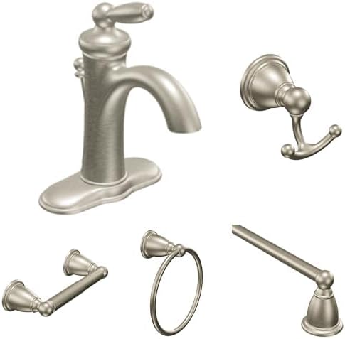 Moen Brantford Brushed Nickel Bathroom Set - One-Handle Low-Arc Faucet with 24-Inch Towel Bar, Double Robe Hook, Hand Towel Ring, and Toilet Paper Holder