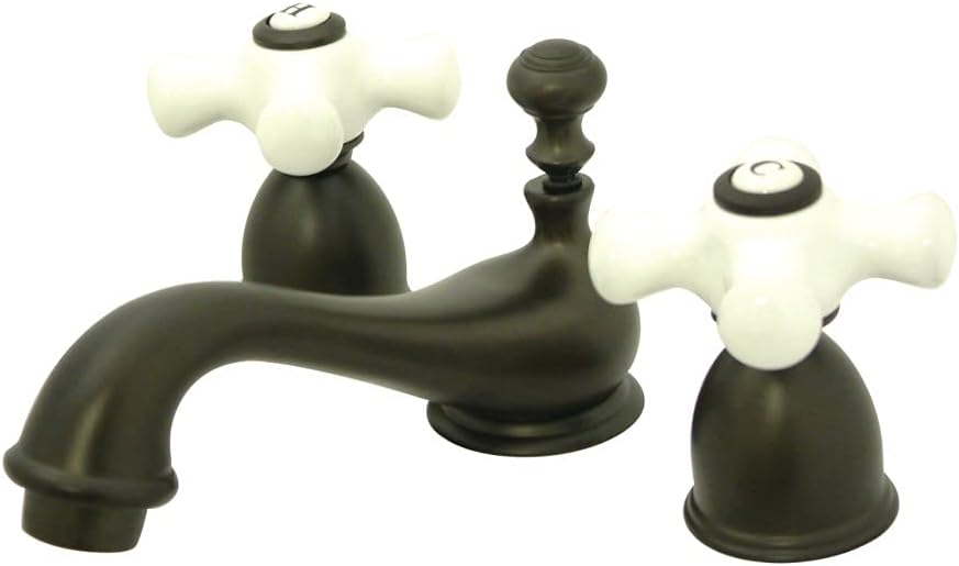 Kingston Brass KS3955PX Restoration Mini Widespread Lavatory Faucet with Porcelain Cross Handle, Oil Rubbed Bronze, 4-Inch Adjustable Center