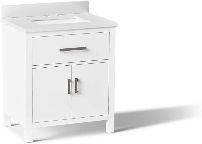 Kohler Kresla 30 Inch Bathroom Vanity Cabinet with White Single Sink and Quartz Top, Modern Bathroom Storage, White