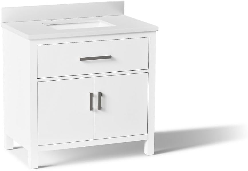 Kohler Kresla 36 Inch Bathroom Vanity Cabinet with White Single Sink and Quartz Top, Modern Bathroom Storage, White
