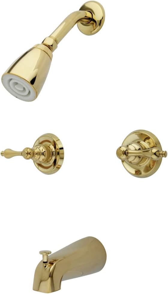 Kingston Brass KB242AL Twin Handle Tub and Shower Faucet with Decor Lever Handle, Polished Brass 5-Inch Spout Reach