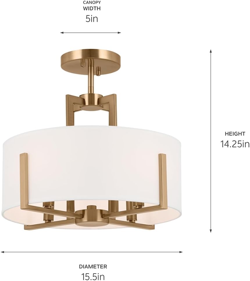 Kichler Malen 4-Light Semi Flush Mount Ceiling Light Fixture, Modern Convertible Semi-Flush or Pendant Light with Fabric Shade in Champagne Bronze, Bedroom or Hallway, (15' Dia x 14.25' H), 52591CPZ