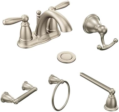 Moen Brantford Brushed Nickel 5-Piece Bathroom Set: Two-Handle Centerset Faucet with Drain, 24-Inch Towel Bar, Hand Towel Ring, Double Robe Hook, and Toilet Paper Holder