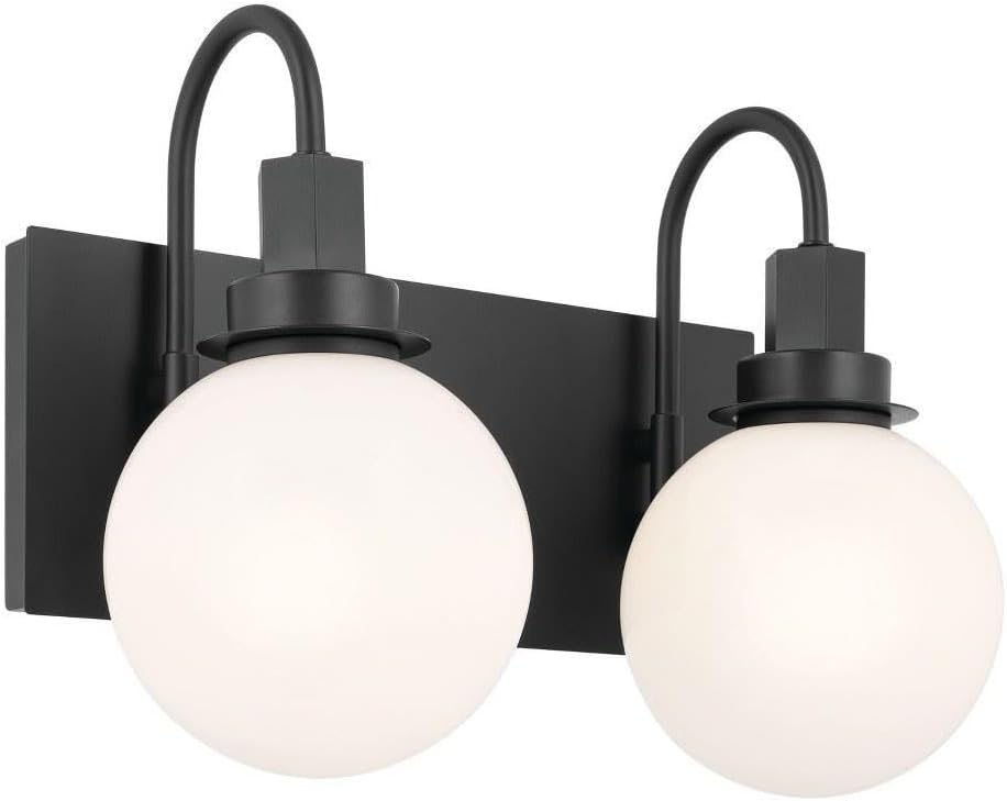 Kichler Hex 2-Light Bathroom Vanity Light Fixture, Modern Wall Mount Vanity Lighting with Opal Glass in Black, Damp Rated for Mirror Lighting Over Vanity (14.25' x 10.25'), 55150BK