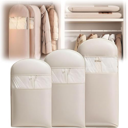 Hanging Garment Bag Set of 3 with Self-Compressing Zipper, Space-Saving Dust Covers for Down Coats, Clothing Storage Organizers, Perfect for Travel and Closet Organization