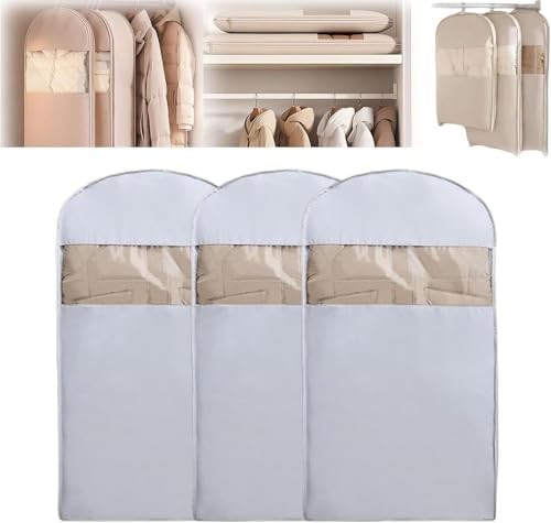 Space-Saving Hanging Garment Bags with Self-Compression Zipper, Dust-Proof Clothes Storage for Down Coats, Set of 3 Closet Organizers