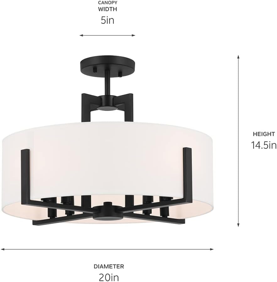 Kichler Malen 20' 8-Light Convertible Semi-Flush with White Fabric Shade in Black, 52592BK