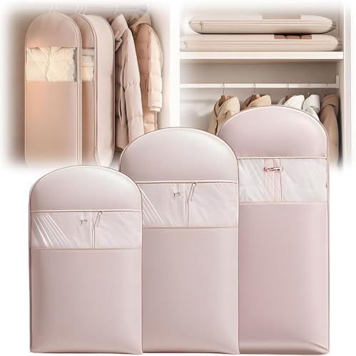 Self-Compression Zipper Hanging Garment Bag Set of 3 - Space Saver Dust Cover Clothes Bags for Down Coats, Travel & Closet Organizers, Durable & Lightweight