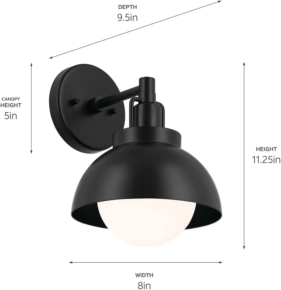 Kichler Niva Convertible Semi Flush 1-Light, Modern Light with Satin Etched Cased Opal Glass in Black for Kitchen Island, Hallway, Small Living Room, Or Dining Room (11.25' x 8.0' x 9.5'), 52601BK