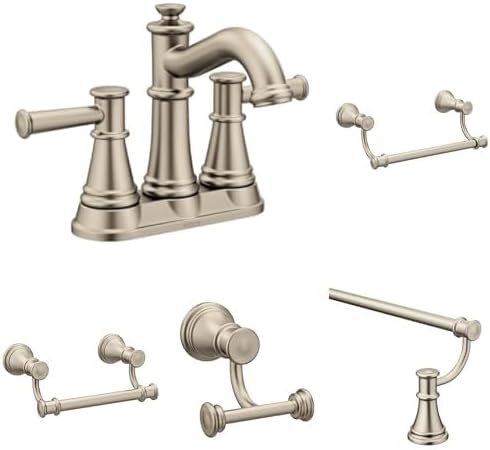 Moen Belfield Brushed Nickel Bathroom Set - Two-Handle Centerset Faucet with 9-Inch Hand Towel Bar, 24-Inch Towel Bar, Double Robe Hook, and Toilet Paper Holder