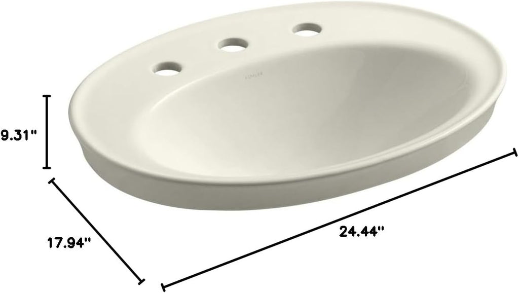 Kohler K-2075-8-96 Serif Oval Drop-In 1 Bowl Bathroom Sink with Overflow Biscuit