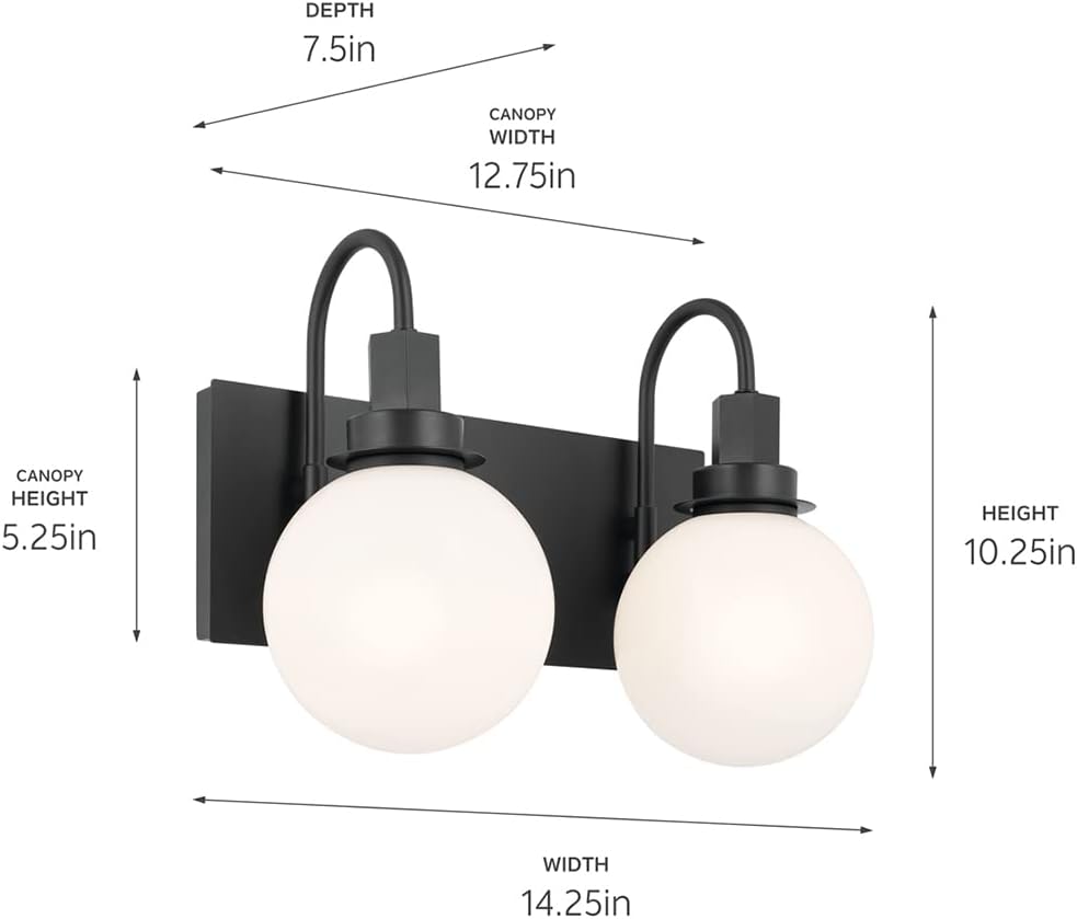 Kichler Hex 2-Light Bathroom Vanity Light Fixture, Modern Wall Mount Vanity Lighting with Opal Glass in Black, Damp Rated for Mirror Lighting Over Vanity (14.25' x 10.25'), 55150BK