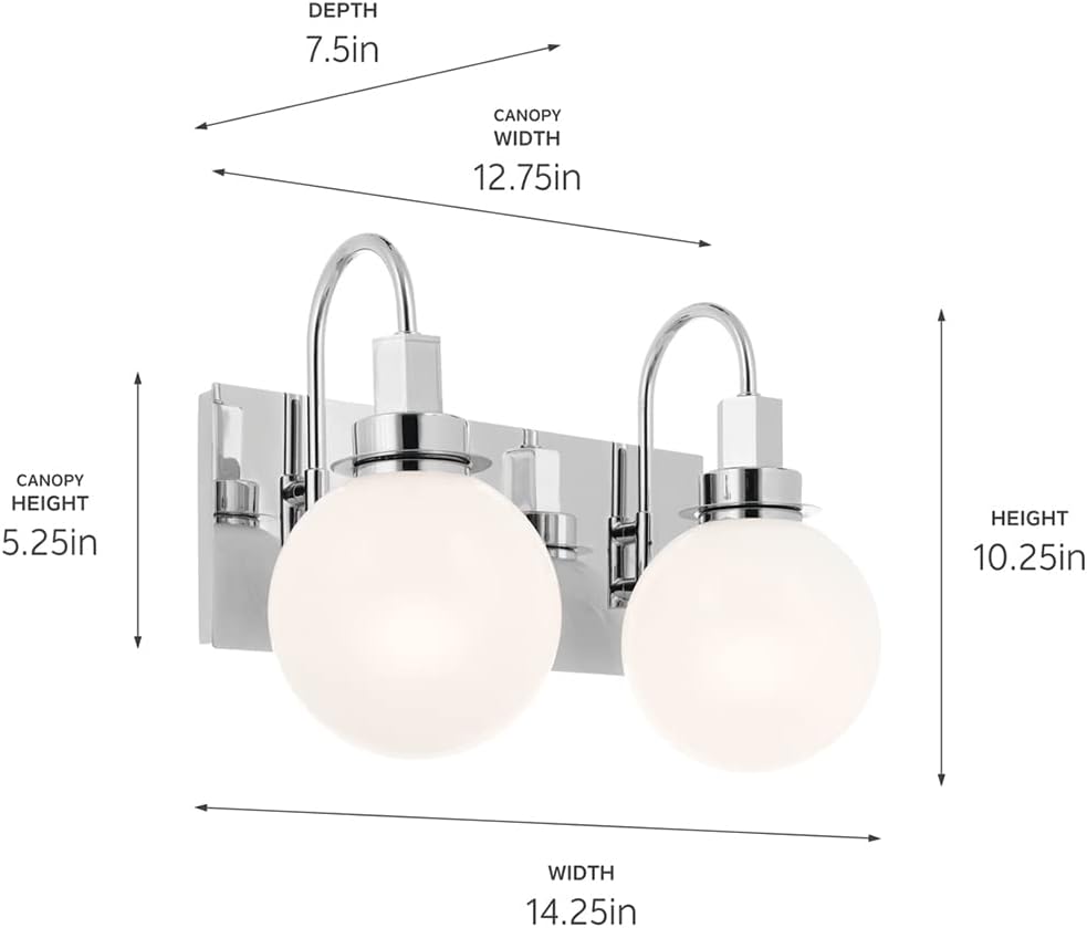 Kichler Hex 2-Light Vanity Light, Modern Light with Opal Glass in Chrome, Install Up or Down, Damp Rated, for Bathroom Vanity (14.25' x 10.25'), 55150CH