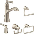 Moen Dartmoor Brushed Nickel Bathroom Set - Single Handle Sink Faucet with Deckplate, 24-Inch Towel Bar, Towel Ring, Toilet Paper Holder, and Robe Hook