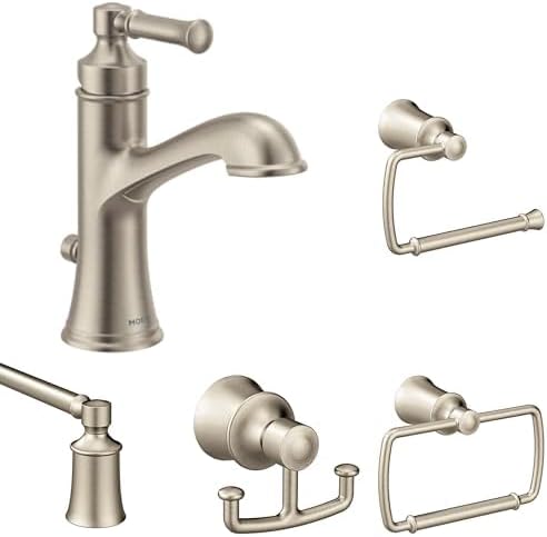 Moen Dartmoor Brushed Nickel Bathroom Set - Single Handle Sink Faucet with Deckplate, 24-Inch Towel Bar, Towel Ring, Toilet Paper Holder, and Robe Hook