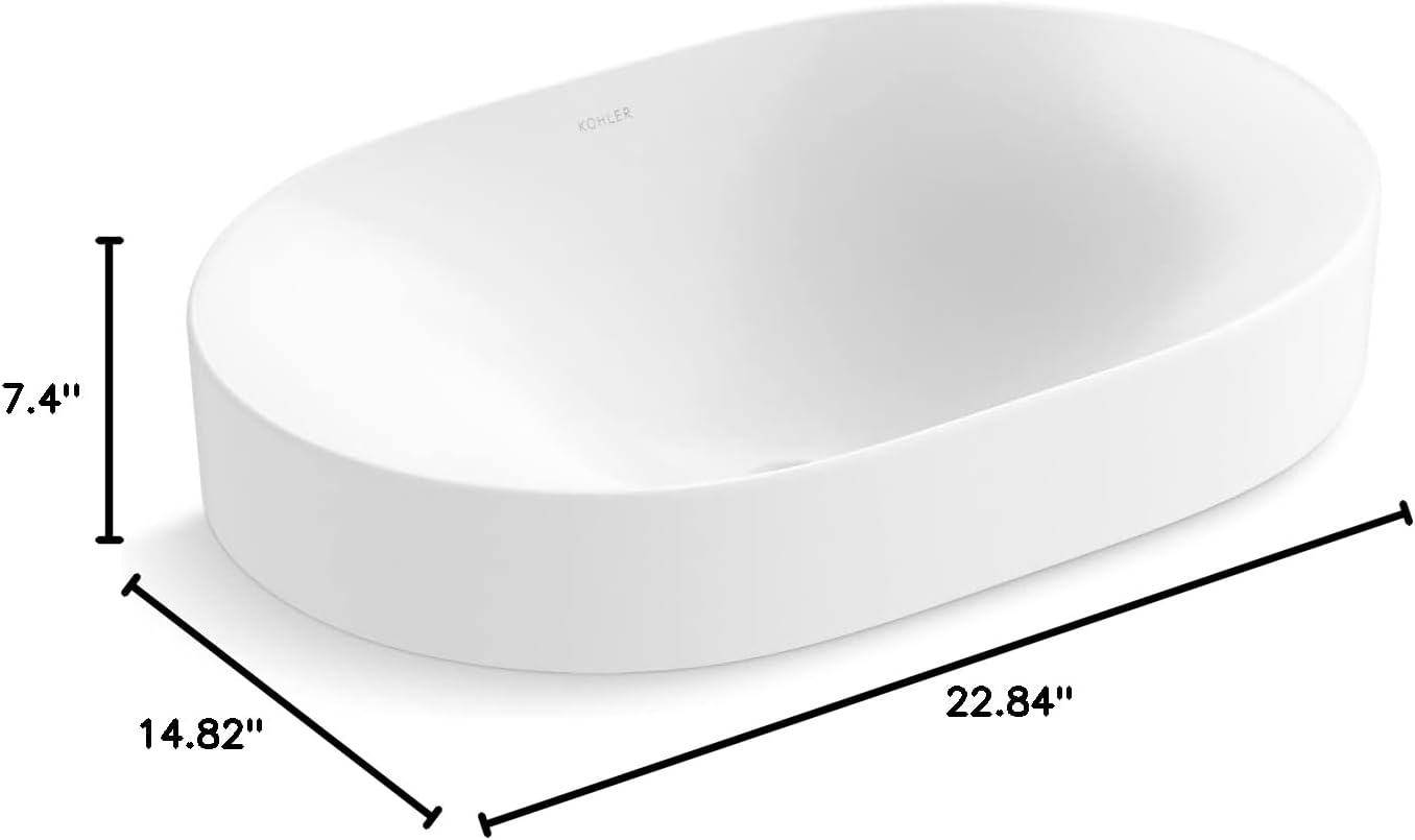 KOHLER 31701-0 Chalice 22-3/4' Oval Bathroom Vessel Sink, Above Counter Vanity Sink Basin, with Overflow, No Faucet Holes, White