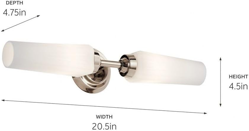 Kichler Truby 2-Light Bathroom Vanity Light Fixture with Satin Etched Cased Opal Glass in Polished Nickel, Modern Wall Mount Light for Mirror (19.75 x 4.5 x 4.5), 45887NI