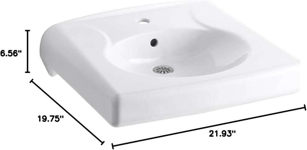 KOHLER K-1977-0 Brenham Wall-Mounted or Concealed Carrier Arm Mounted Commercial Bathroom Sink with Single Faucet Hole, White