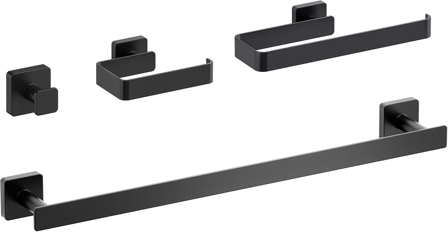 KIBI Blaze Bathroom Hardware Set 4 Piece Bathroom Accessories Set | Towel Bar (19'), Towel Holder, Toilet Paper Holders, Robe Hook (Matte Black) (KBA16-4-2)