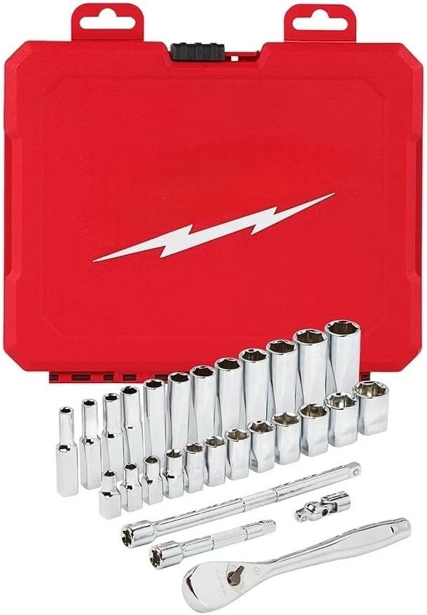 28 PC 48-22-9504 for Milwaukee 1/4' Drive Ratchet & Socket Set w/Portable Carrying Case - Metric