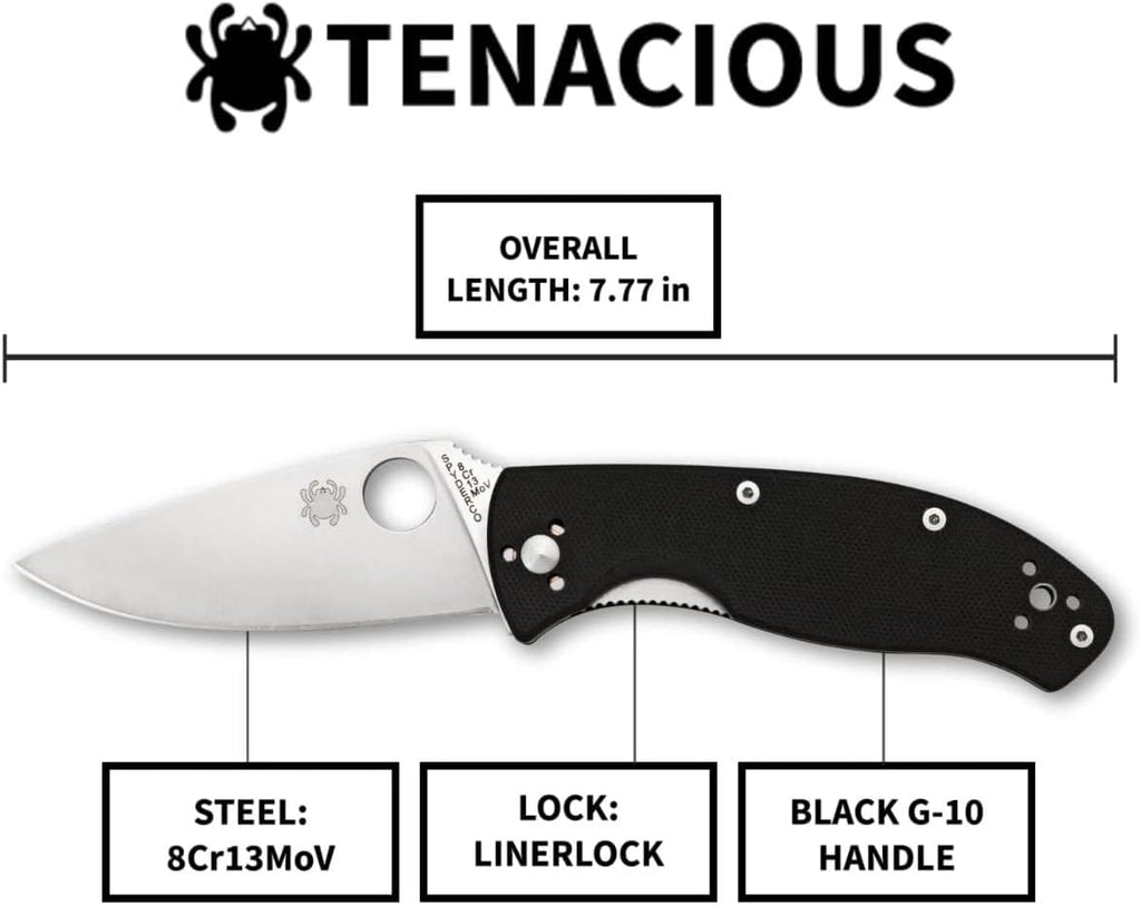 Spyderco Tenacious Folding Pocket Knife with 3.3' 8Cr13MoV Steel Blade and G-10 Handle - EDC Knife for Men and Women, Perfect for Hunting, Tactical, Camping, Survival, Hiking - PlainEdge - C122GP