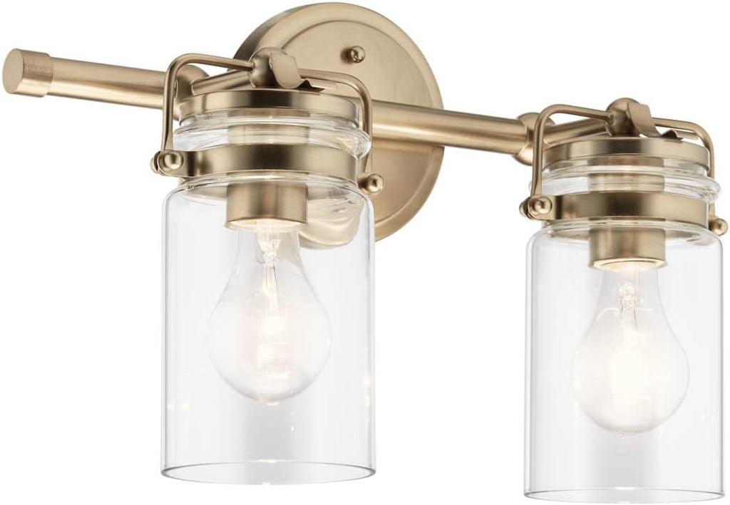 Kichler Brinley 2-Light Bathroom Vanity Light Fixture 15.75 in Industrial Farmhouse with Clear Glass in Champagne Bronze for Mirror Over Sink (15.75 x 10.25 x 6.75 in), 45688CPZ