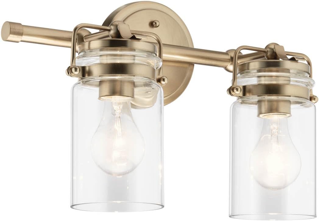 Kichler Brinley 2-Light Bathroom Vanity Light Fixture 15.75 in Industrial Farmhouse with Clear Glass in Champagne Bronze for Mirror Over Sink (15.75 x 10.25 x 6.75 in), 45688CPZ