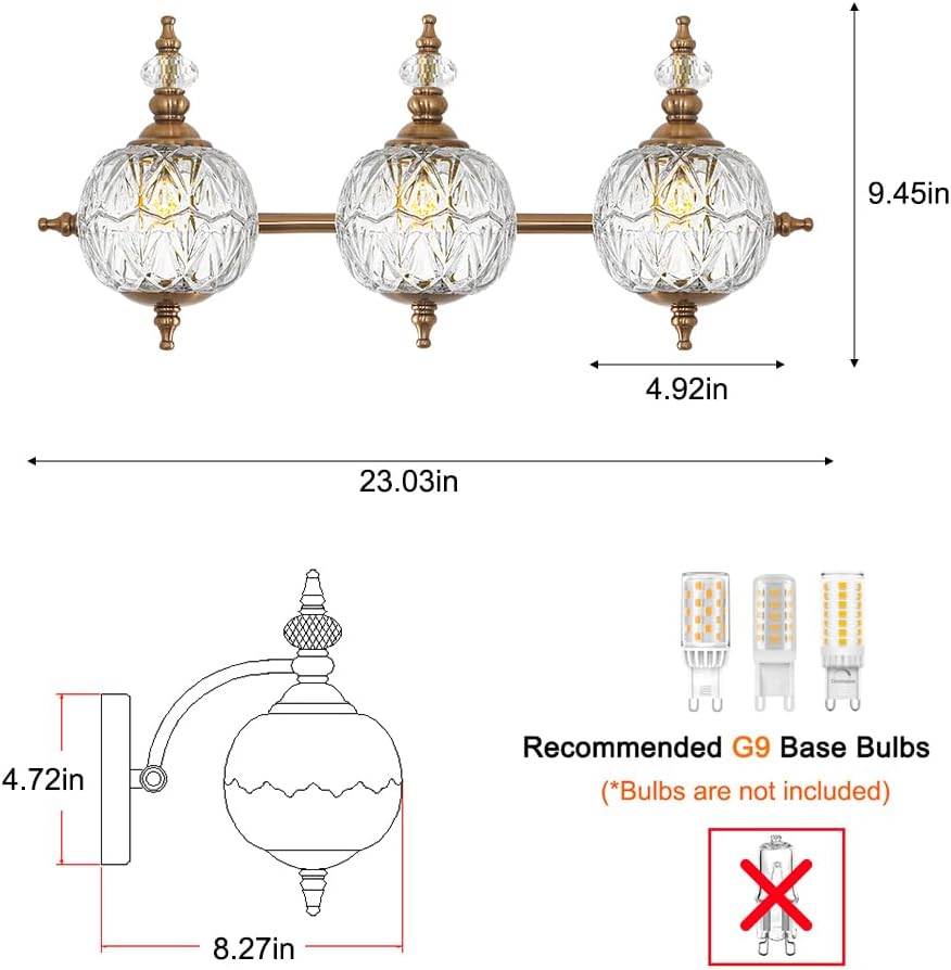 Brushed Antique Brass Bathroom Vanity Light Fixture Vintage Style - 3 Light G9 Bulb Compatible, 23' Wide Bathroom Lighting Over Mirror with Hand-Etched Glass Shades, Easy Mount for Makeup Area