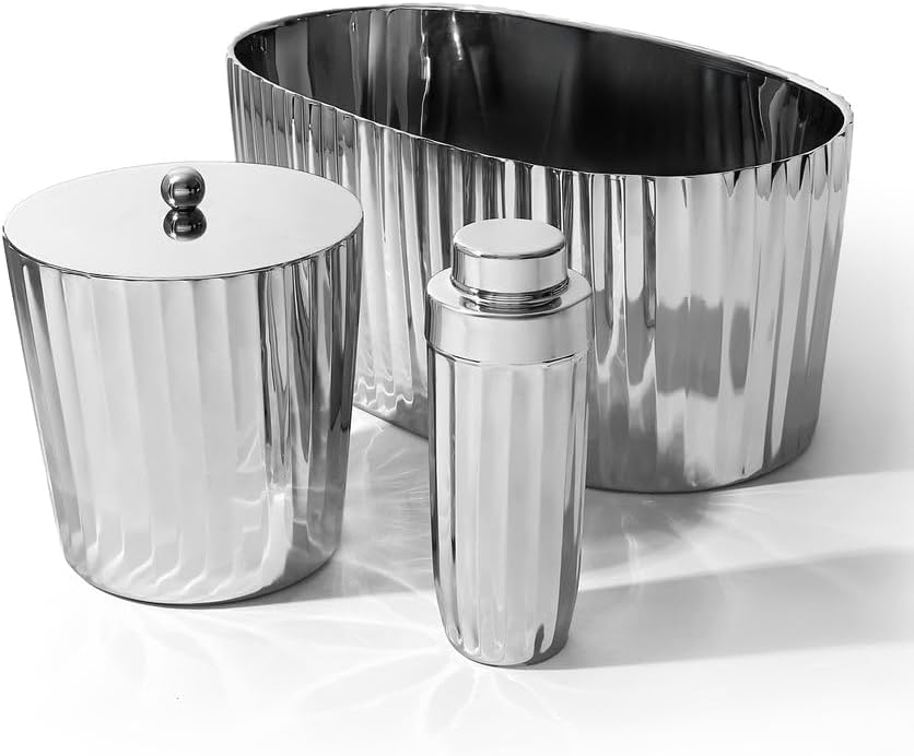 Godinger Wave Party Tub – Stainless Steel Wave‑Textured Beverage Tub/Ice Bucket for 8 Bottles or 24 Cans, Double‑Wall Insulated Serveware for Home Bar, Outdoor Entertaining & Events