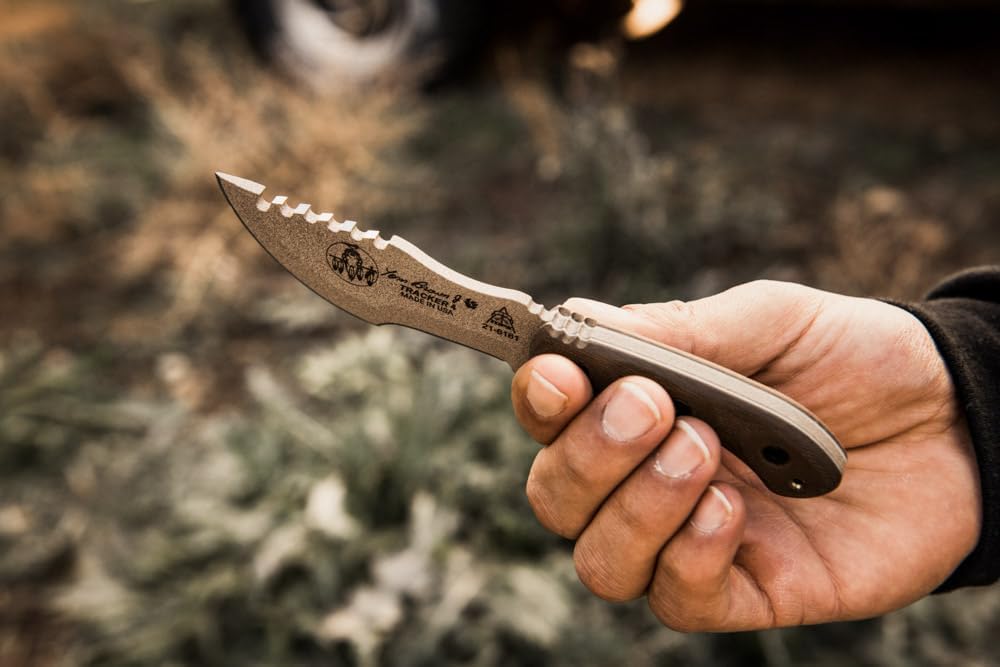 Tops Knives Tom Brown Tracker #4 Full Tang Fixed Blade- Coyote Tan Coating Blade Finish- Coyote Tan Kydex Sheath w/Multi-Position Spring Steel Clip (Green Canvas Micarta Handle)