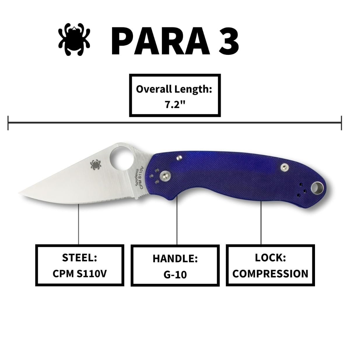 Spyderco Para 3 Folding Pocket Knife with 2' CPM S110V Steel Blade and G-10 Handle - EDC Knife for Men and Women, Perfect for Hunting, Tactical, Camping, Survival, Hiking - PlainEdge - C223GPDBL