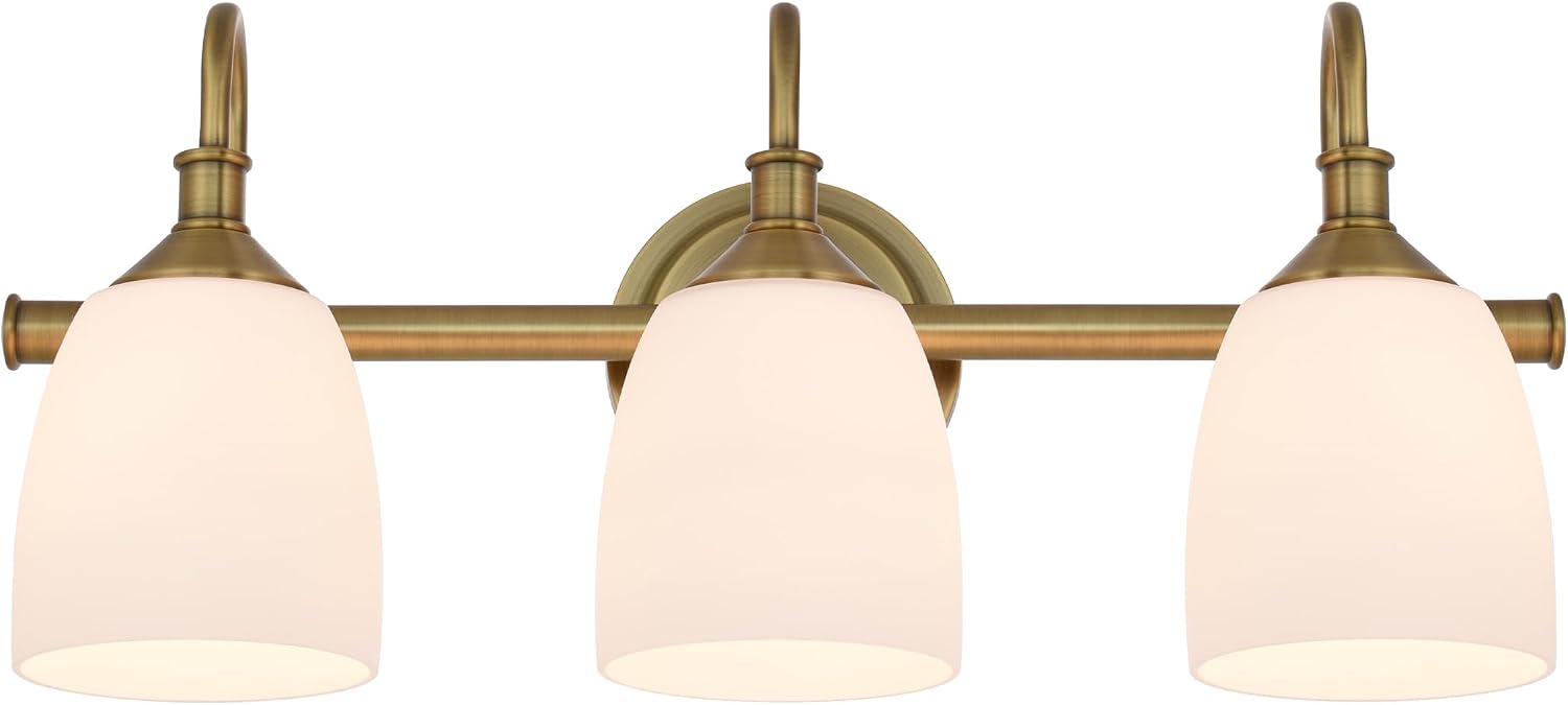 3-Light Champagne Bronze Bathroom Vanity Light Fixtures Over Mirror, Vintage Vanity Lights for Living Room, Milk White Glass Shades, Standard E26 Base