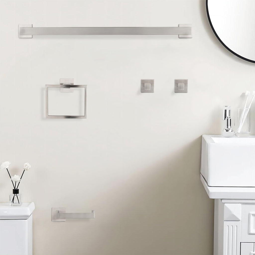 5-Piece Sus304 Bathroom Set: Towel + Ring + Hooks + Tp Holder, Brushed Nickel Stainless Steel Material & Lasting Durability Bathroom Modern