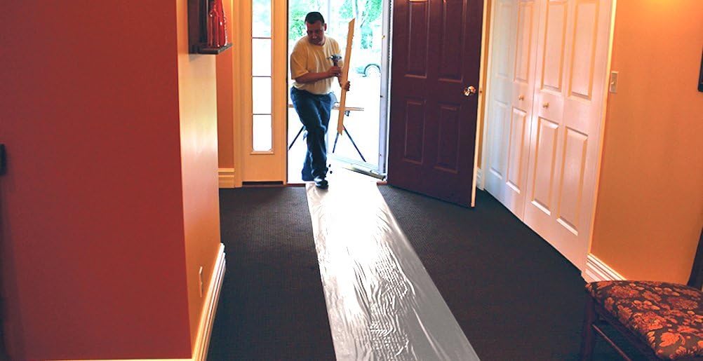 ArmorDillo Super Thick 29.92/roll Heavy-Duty Carpet Film 24' x200'- 8 Rolls/Case. Full 3 Layer-3 Mil-Plus. 100% Formaldehyde-Free Made in USA. Easy Start Roll. Bubble Adhesive, Free Utility Knives