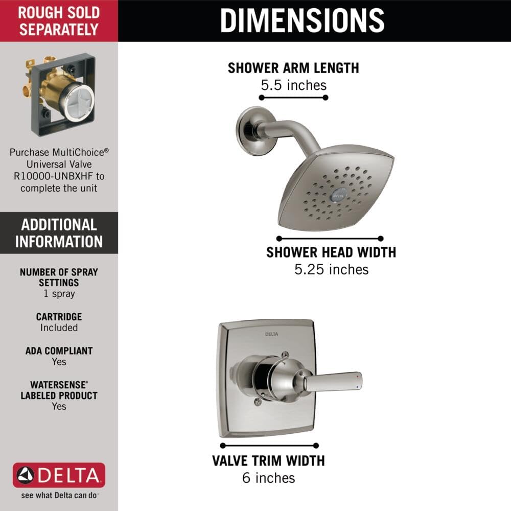 Delta Ashlyn 14 Series Shower Faucet Set, Brushed Nickel Shower Head and Handle Set, Valve Trim Kit, Stainless T14264-SS (Valve Not Included)
