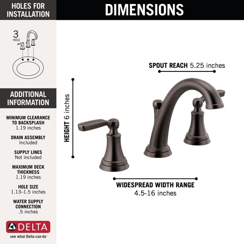 Delta Faucet Woodhurst Widespread Bathroom Faucet 3 Hole, Bronze Bathroom Faucet, Bathroom Sink Faucet, Metal Drain Assembly, Venetian Bronze 3532LF-RB