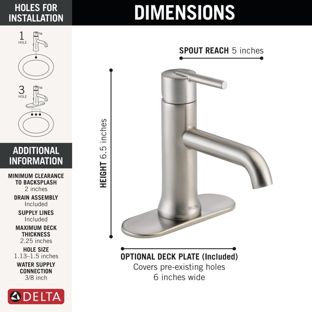 Delta Faucet Trinsic Single Hole Bathroom Faucet Brushed Nickel, Single Handle Bathroom Faucet, Metal Drain Assembly, Stainless 559LF-SSMPU