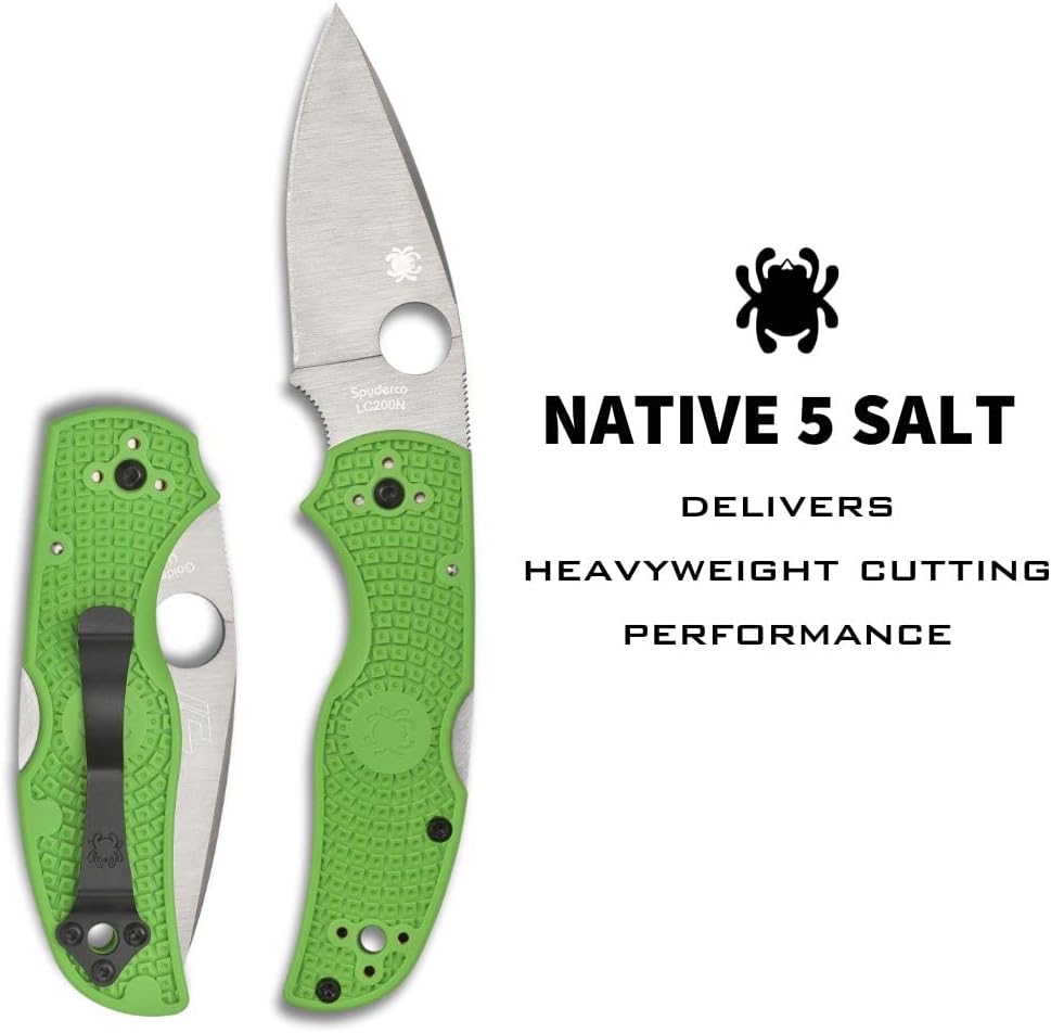 Spyderco Native 5 Lightweight Salt Folding Knife with 2' LC200N Steel Blade and Green FRN Handle - EDC Knife for Men and Women, Perfect for Hunting, Tactical, Camping, Survival - PlainEdge - C41PGR5