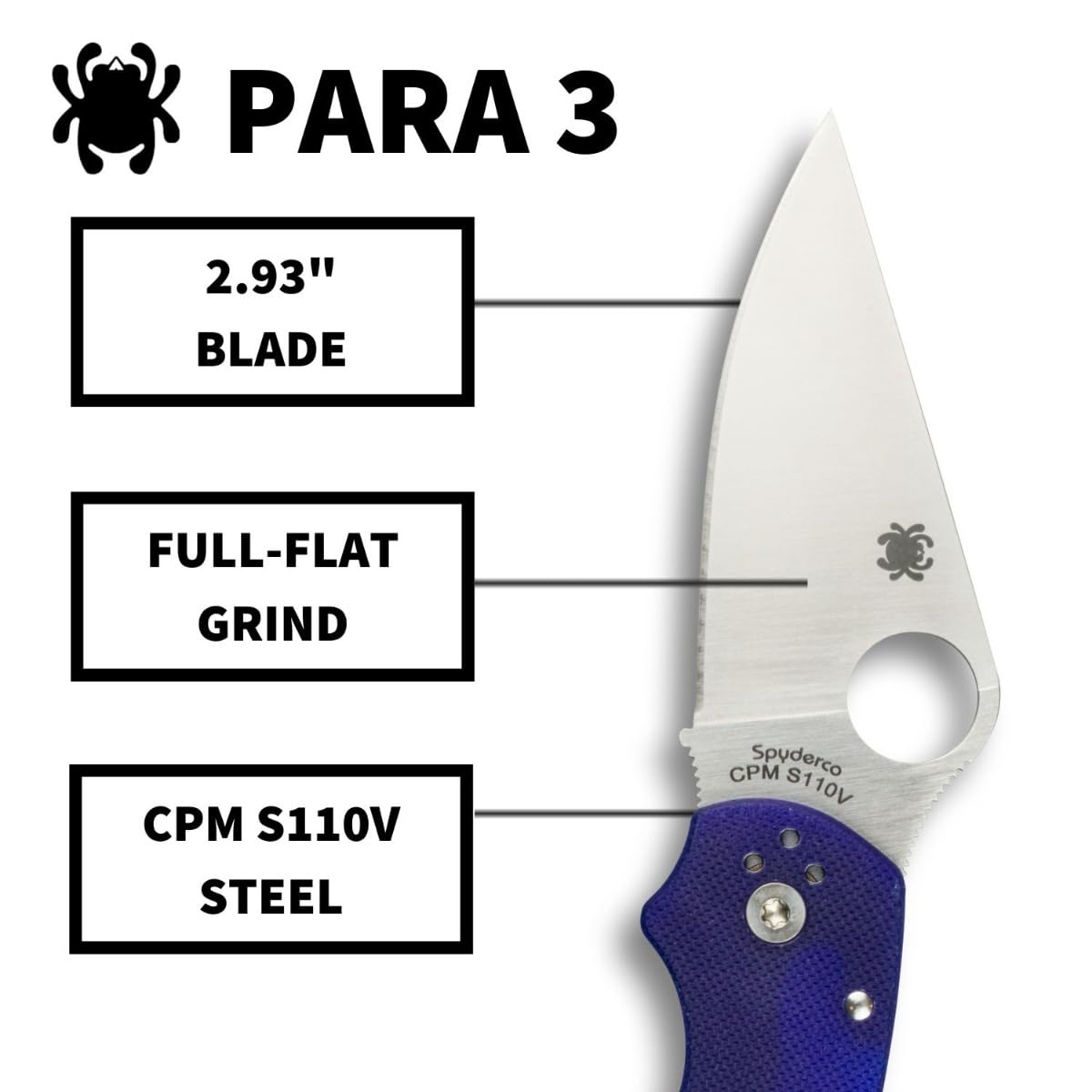 Spyderco Para 3 Folding Pocket Knife with 2' CPM S110V Steel Blade and G-10 Handle - EDC Knife for Men and Women, Perfect for Hunting, Tactical, Camping, Survival, Hiking - PlainEdge - C223GPDBL