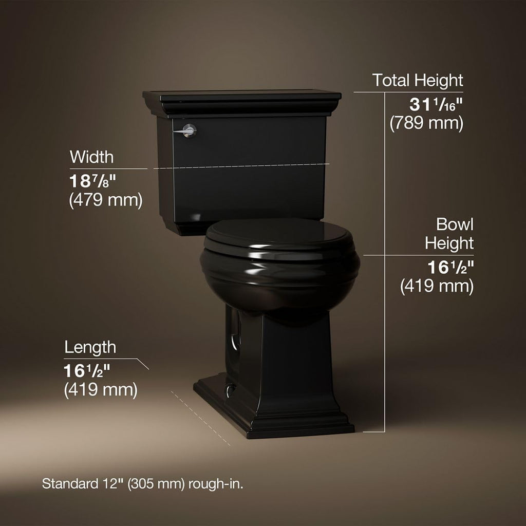 KOHLER K-3817-7 Memoirs Stately Comfort Height Two-Piece Elongated 1.28 GPF Toilet with AquaPiston Flush Technology and Left-Hand Trip Lever, Black Black