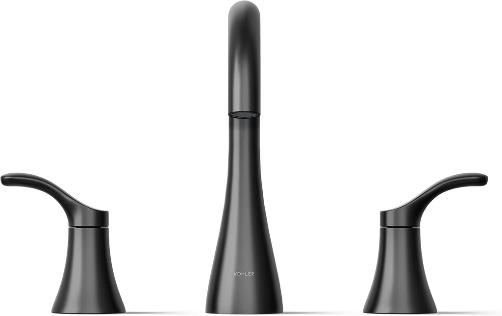 KOHLER K-27390-4-BL Simplice® Widespread Bathroom Sink Faucet, Bathroom Faucets with Two Lever Handles and Clicker Drain, 1.2 GPM, Matte Black