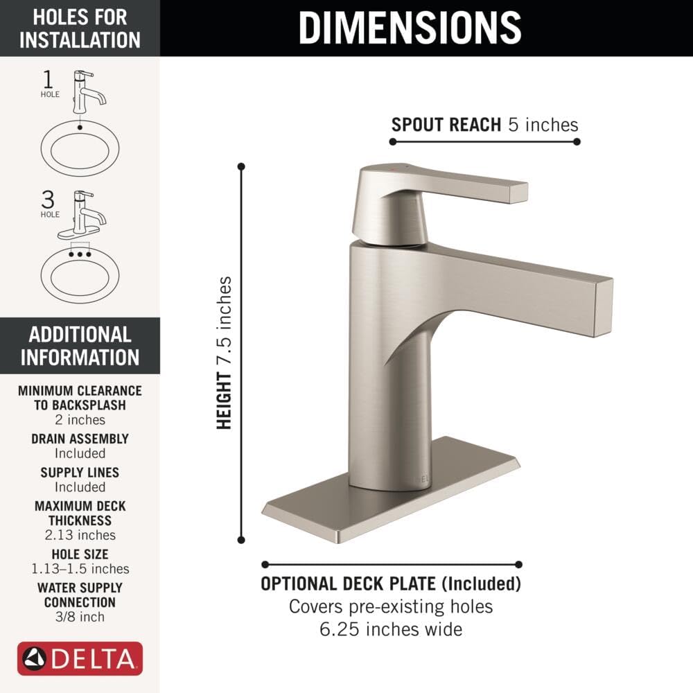 Delta Faucet Zura Single Hole Bathroom Faucet Brushed Nickel, Single Handle Bathroom Faucet, Diamond Seal Technology, Metal Drain Assembly, Stainless 574-SSMPU-DST