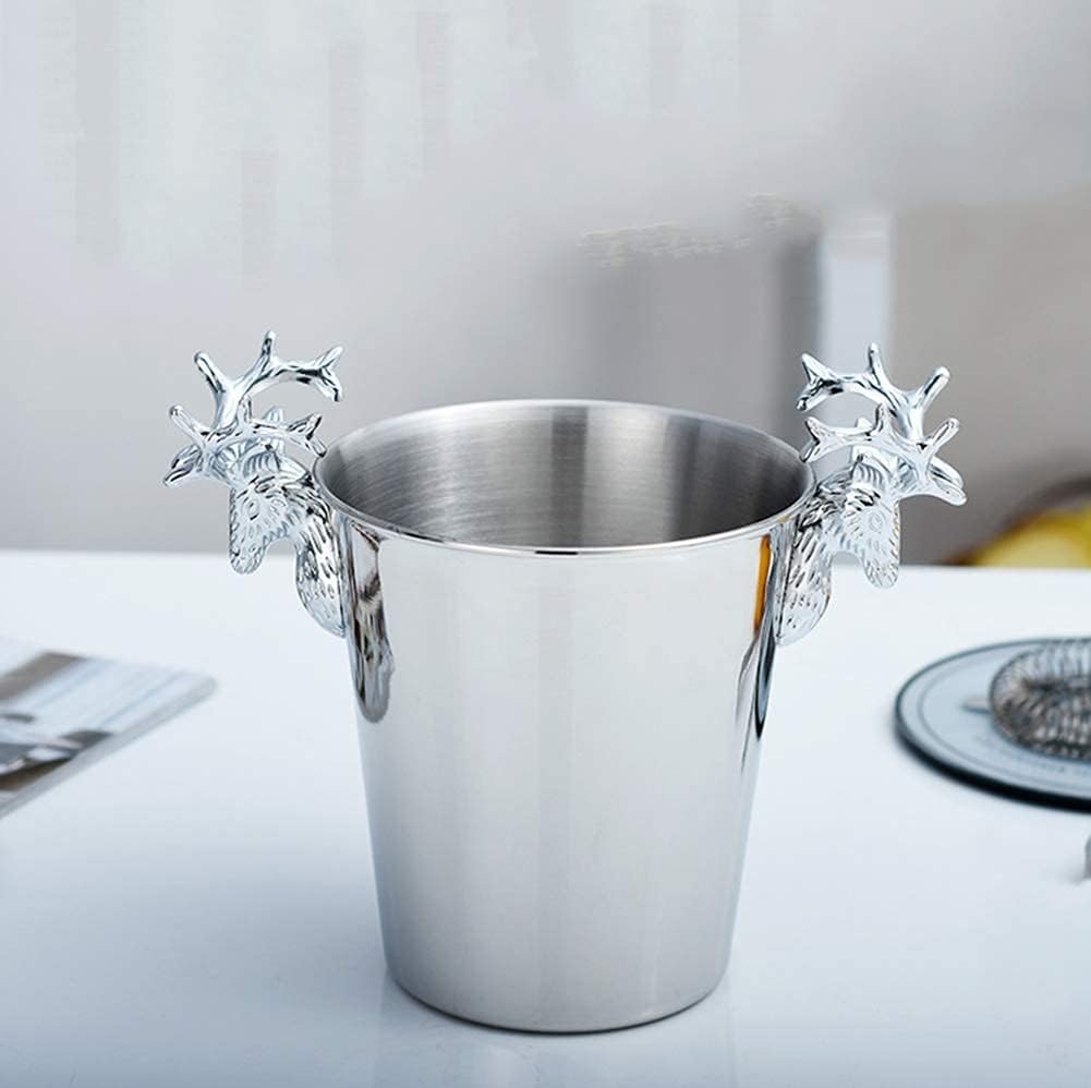 Large Metal ChampagneStainless Steel Plated Ice Bucket Deer Head Shape Handle Retro Ice Bucket Suitable for Beer, Wine and Cocktail Parties (Silver Large)