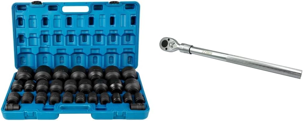 VEVOR Impact Socket Set 3/4 Inches 29 Piece Impact Sockets, 6-Point Sockets, Rugged Construction, CR-M0 & EZRED 3/4' Drive Extendable Ratchet with Reinforced Steel Telsecoping Locking Shaft