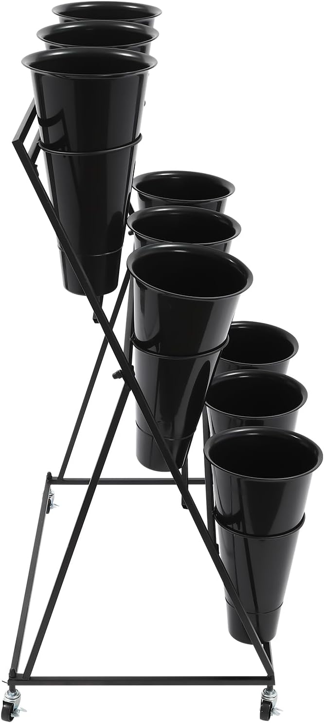 Flower Display Stand with 9Pcs Black Round Buckets, 3 Layers Black Metal Plant Holder with Wheels, Moving Florist Bouquet Shelf for Fresh Flowers Shop Patio Garden Outdoor Flower Pop-Up Events